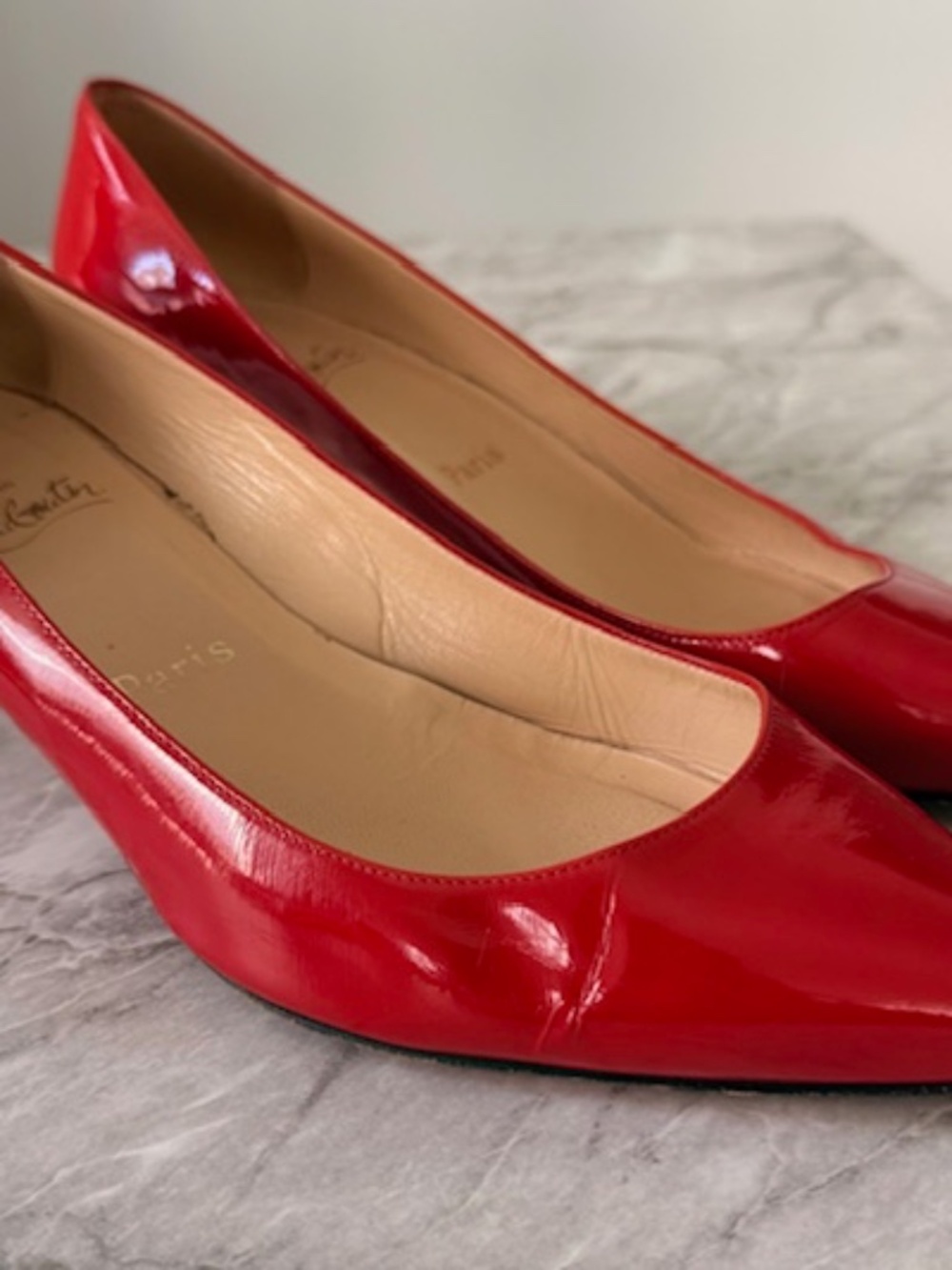 Christian Louboutin Point-toe, Kitten Pump, Red Patent Leather, Size 41